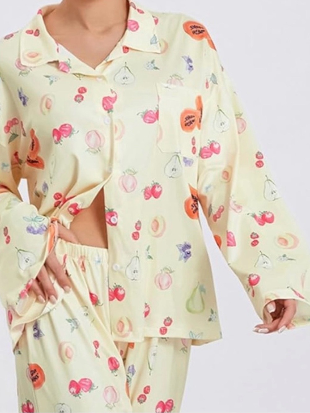 Women's Cream Fruit-Print Satin Pajama Set